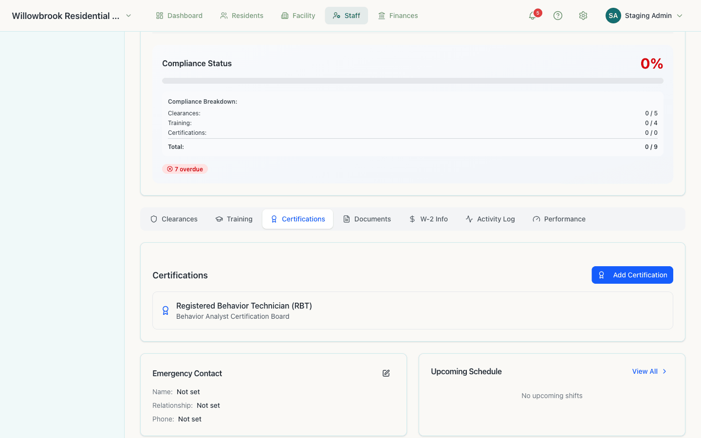 RBT certification on a staff record