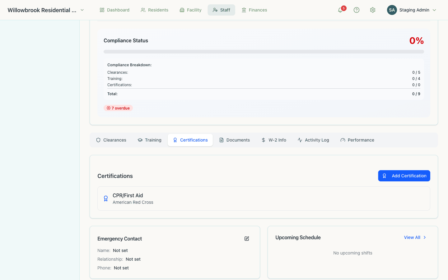Tyrone Jackson's Certifications tab showing a Registered Behavior Technician credential from the Behavior Analyst Certification Board