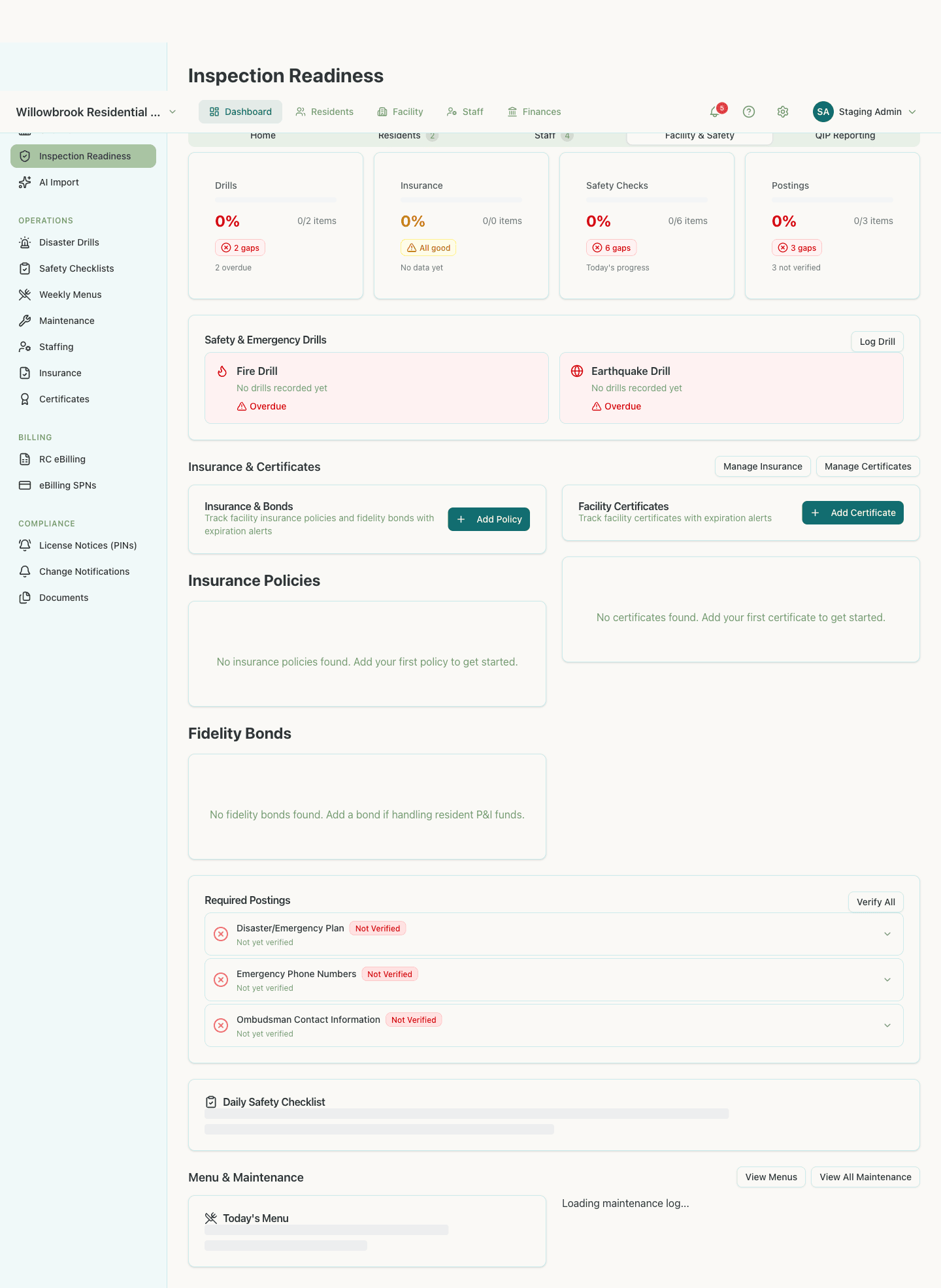 Facility and Safety readiness view: drills, insurance, safety checks and postings scored with gaps flagged, overdue fire and earthquake drills highlighted