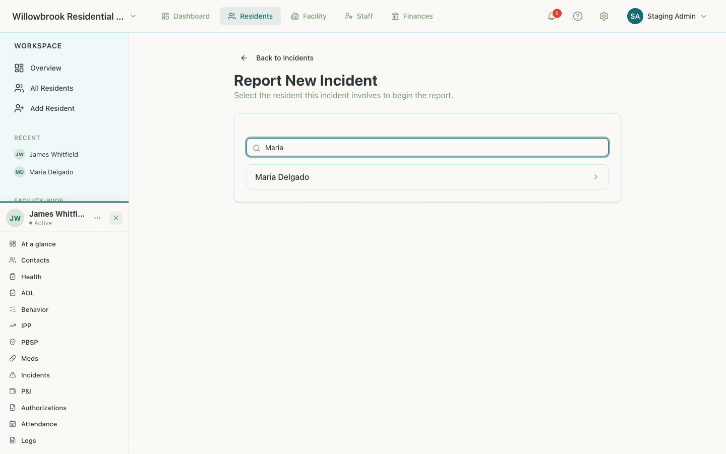 Report New Incident screen with resident search filtering to Maria Delgado