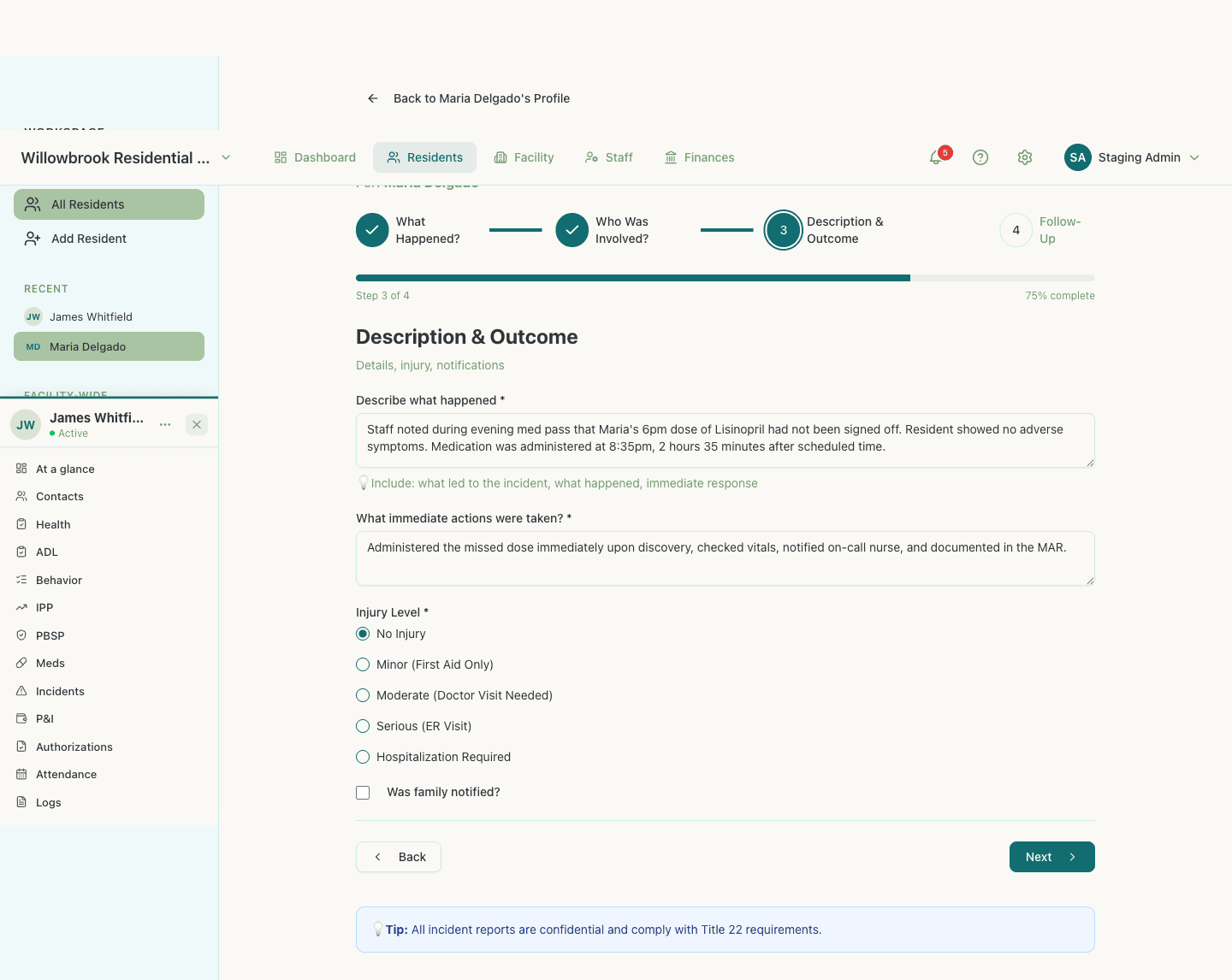Step 3 of the incident wizard: Description and Outcome with narrative fields completed and No Injury selected